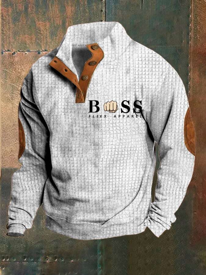 Sweatshirt de homem com estampado de letras vintage com colarinho e botão de verificação