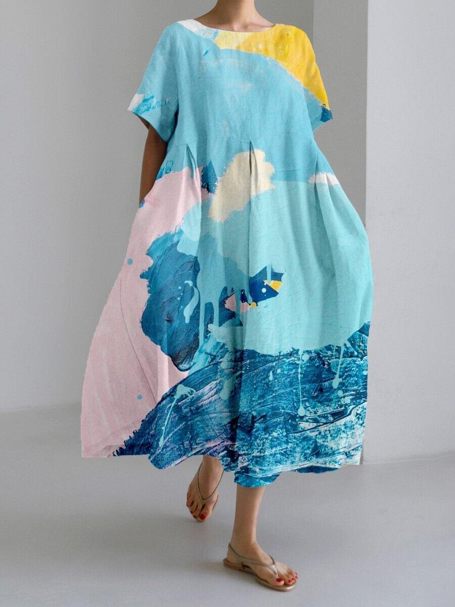Vestido feminino de manga curta feito à mão em algodão e linho