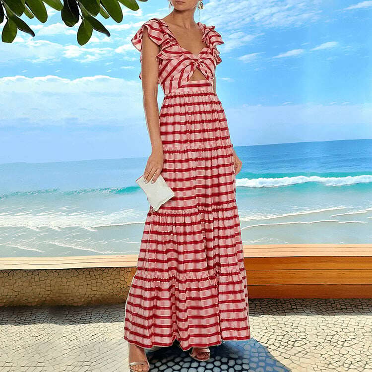 😍 Ruffle Red Striped Printed Cut Out One Piece and Skirt Swimsuit Set