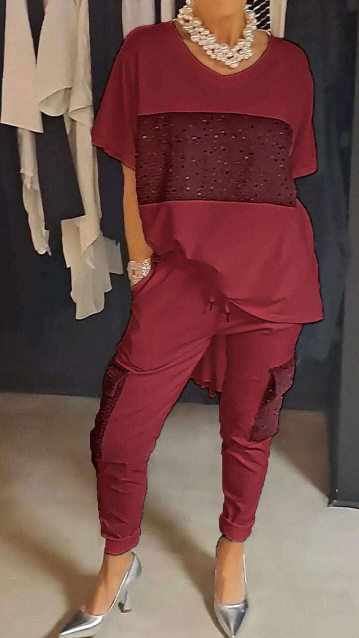 Vestido de duas peças com gola redonda e lantejoulas para lazer