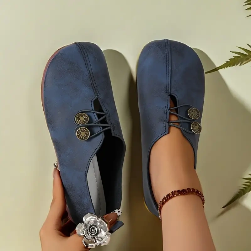 Sapatos femininos elegantes e baixos com sola macia, bico redondo e fivela