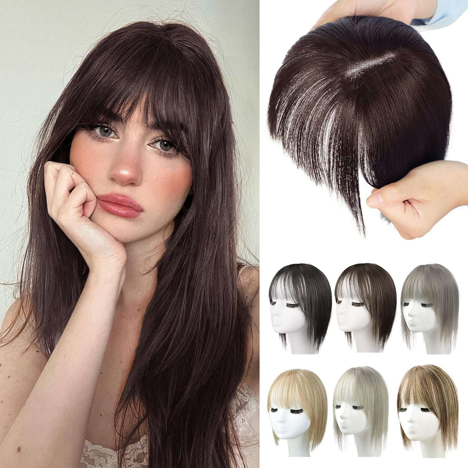 Toppers de cabelo 100% humano para mulheres, adicionando volume de cabelo com franja, 12 polegadas, invisível