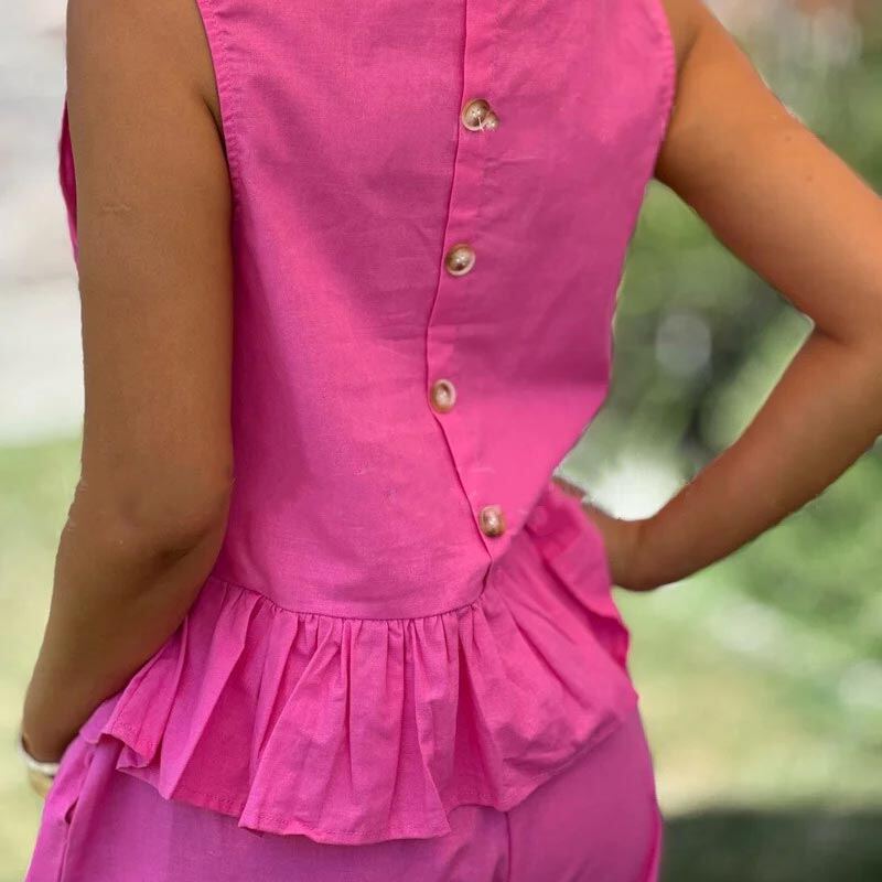 👗Conjunto feminino de duas peças sem mangas de algodão e linho de cor sólida