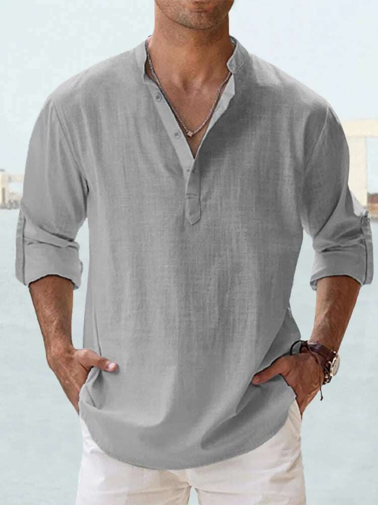 😎CAMISA DE LINHO DE ALGODÃO DE MANGA COMPRIDA MASCULINA ☁️