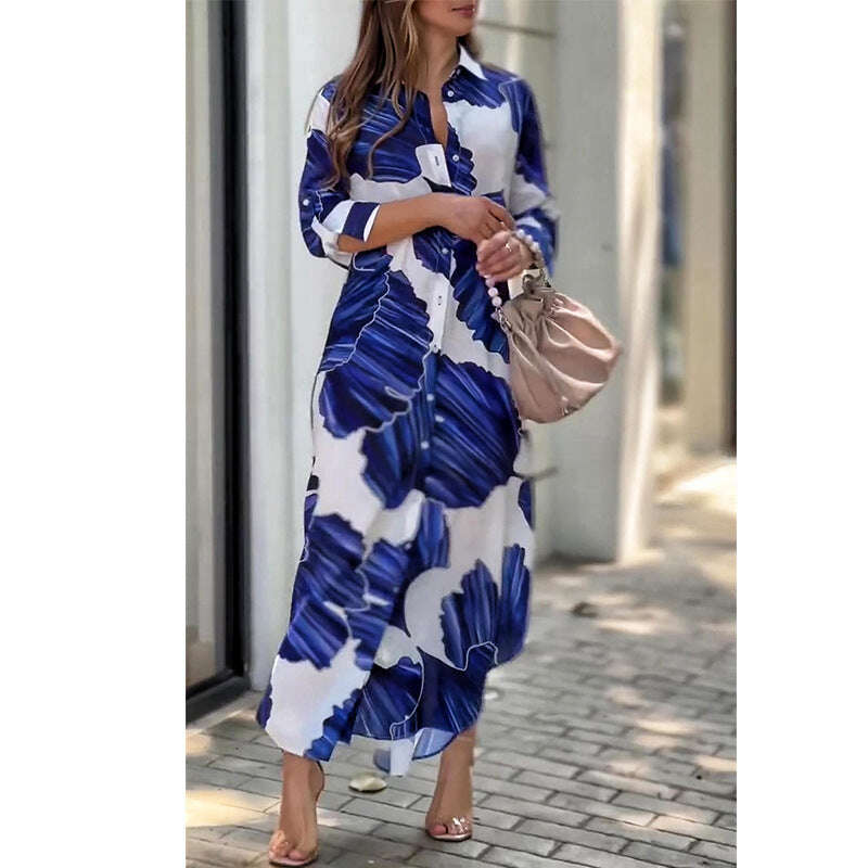 Рокля със син принт Модерна дълга рокля