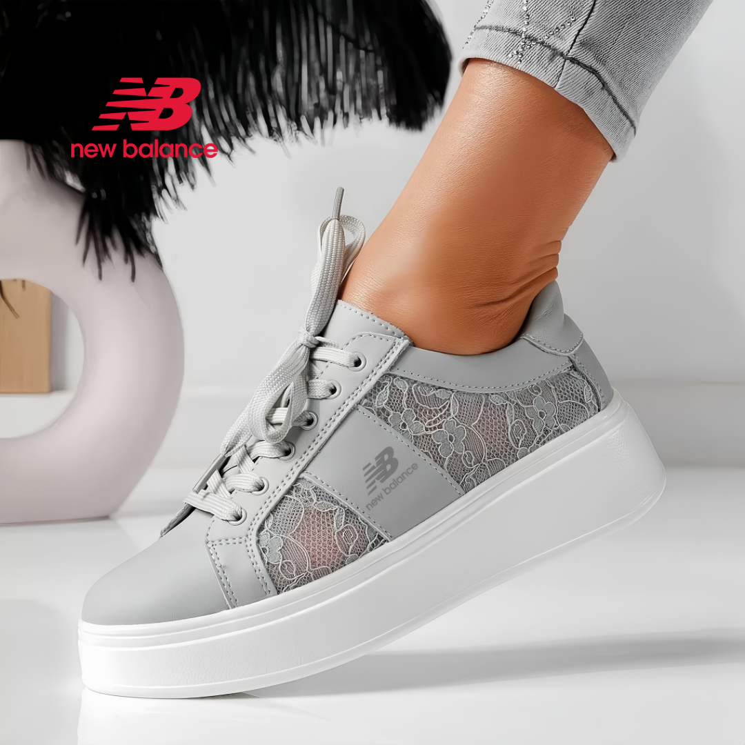 Tênis casual feminino New Balance respirável com cadarço e couro natural