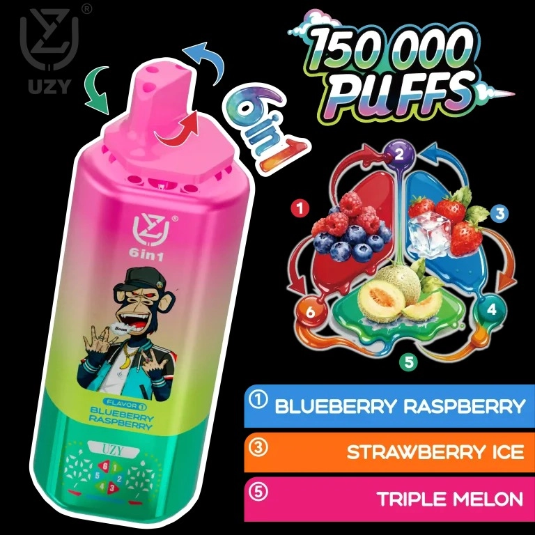 UZY 6-in-1 150,000 Puffs Disposable Vape – Quad Mesh Coil, Smart Screen, Crystal Design, Wholesale & Bulk Buy
