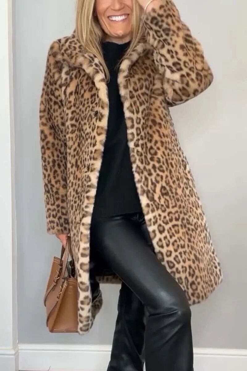 Casaco de inverno feminino elegante com lapela de leopardo e pele sintética