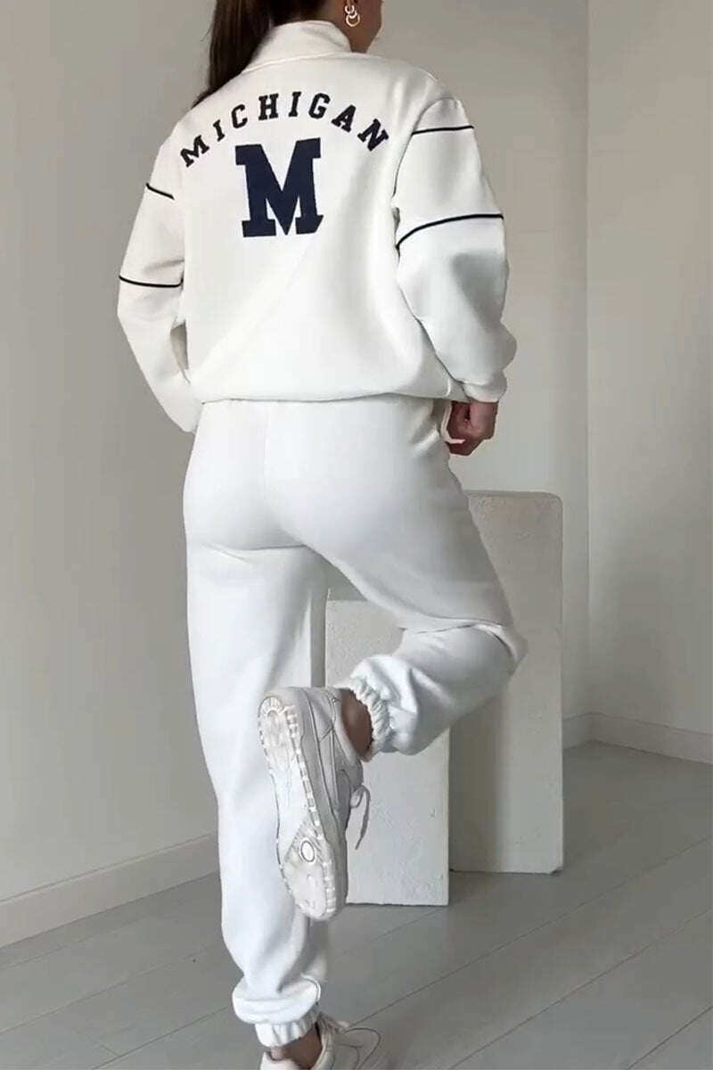 Conjunto feminino casual de duas peças com letra M e manga comprida