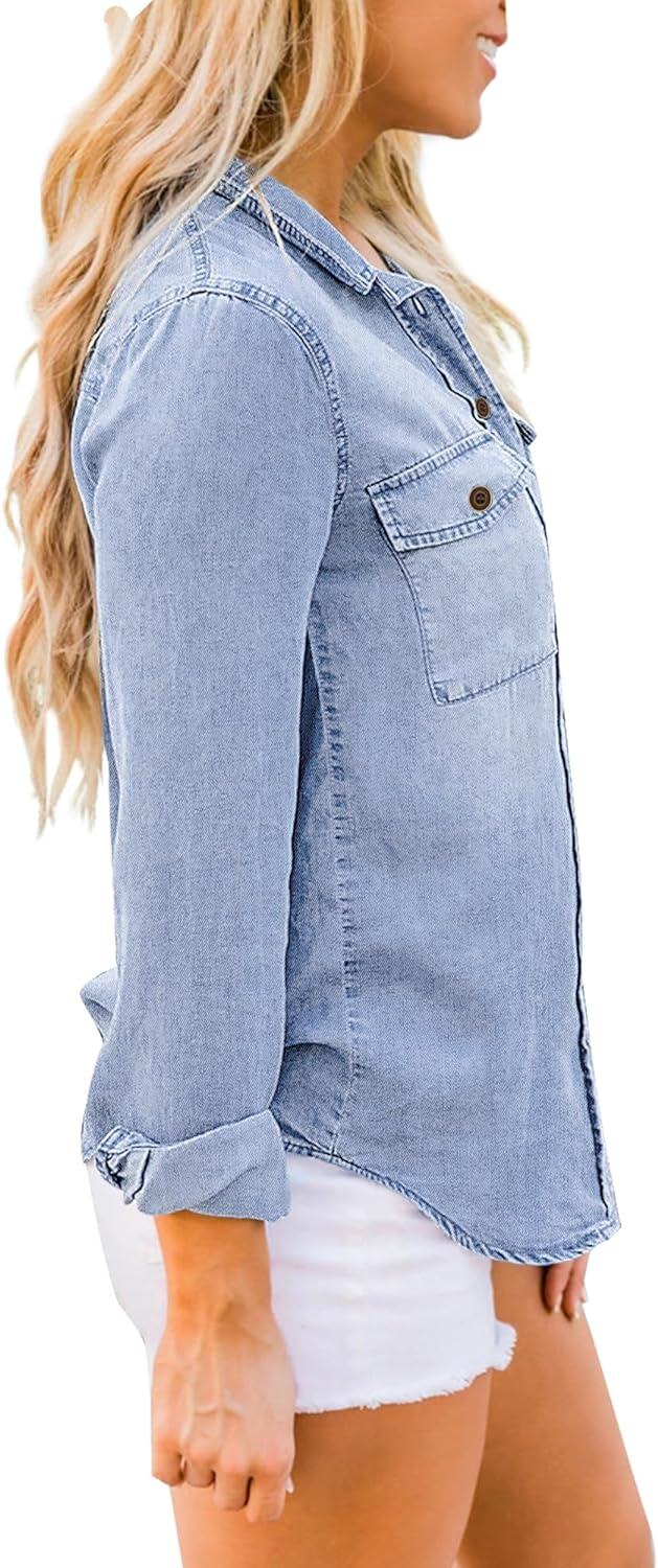 luvamia farmer ing Női Chambray Jean Western Shirts Hosszú ujjú gombos felsők