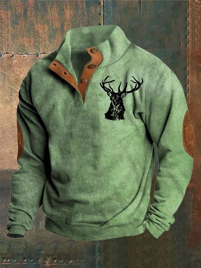 Moletom masculino estilo ocidental com gola alta e botão