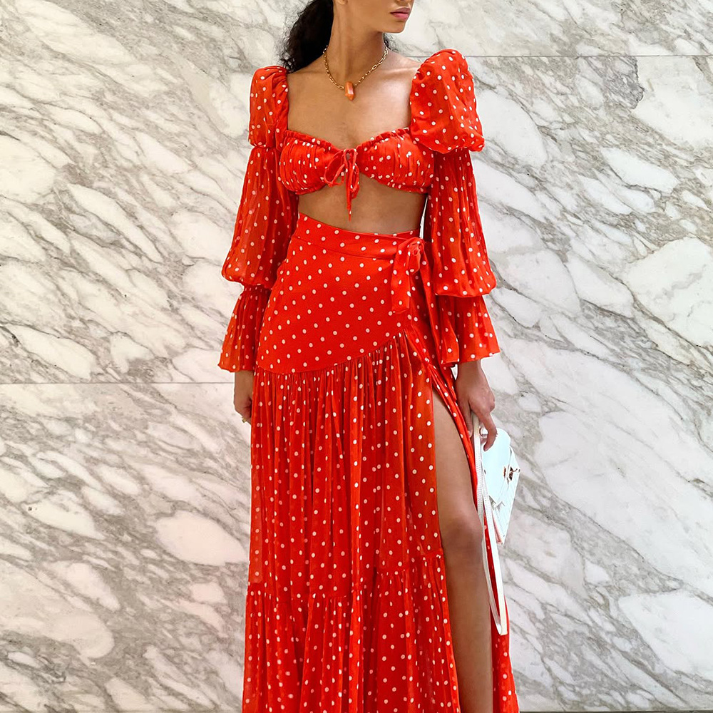 2025 New Lone Sleeve Red Polka Dots Bikini Swimsuit and Skirt