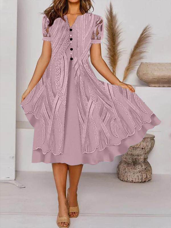 Botão casual com decote em V com decote em V com manga curta vestido midi