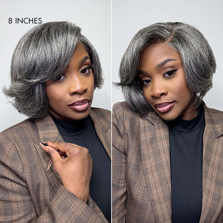 Boss Vibe Salt & Pepper Layered Bob / Body Wave Glueless Pre-Cut Minimalist Lace Grey Wig