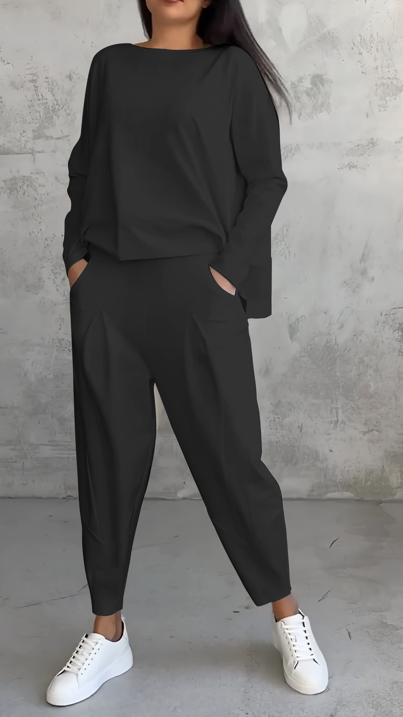 Feminino outono chique casual em torno do pescoço manga longa agasalho de duas peças