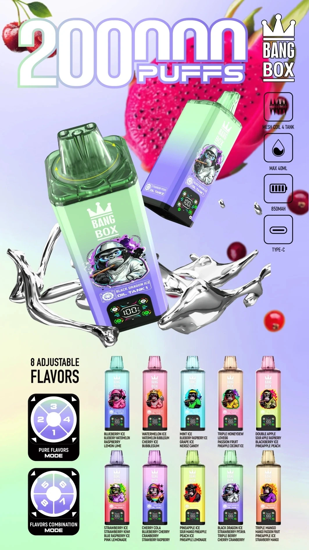 Person using Bang Box 8 in 1 Disposable in lila és zöld, Black Dragon Ice flavor