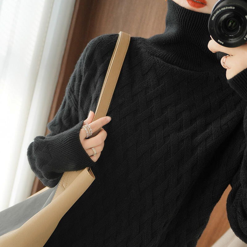 Turtleneck ribbed warm sweater for women autumn and winter 2024 new thickened Korean loose lazy style knitted bottoming shirt