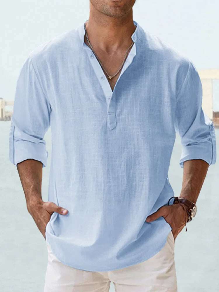 😎CAMISA DE LINHO DE ALGODÃO DE MANGA COMPRIDA MASCULINA ☁️