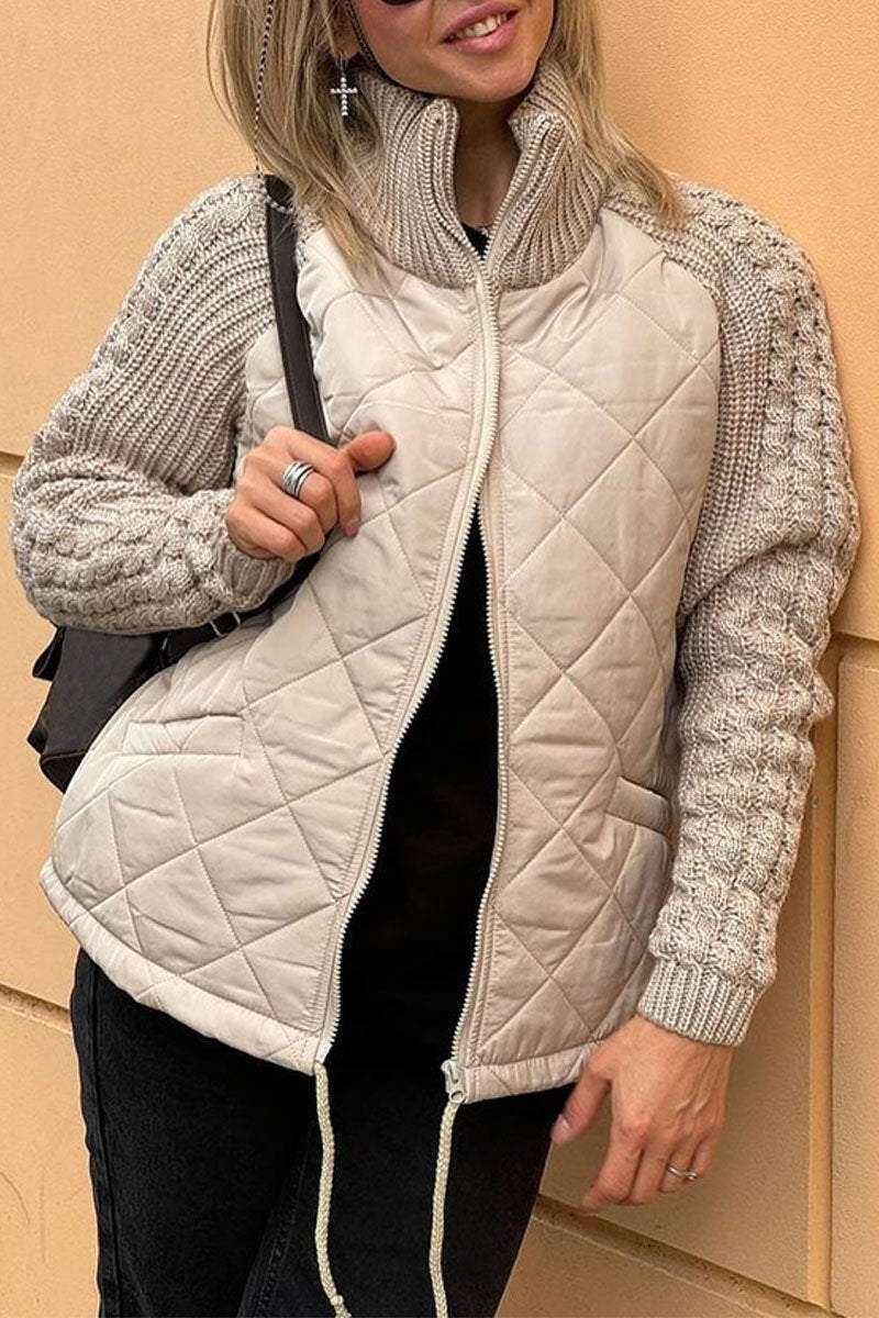 Jaqueta feminina casual, de cor única, patchwork com zíper