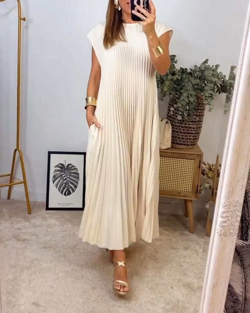 Vestido plissado simples de cor sólida sem mangas