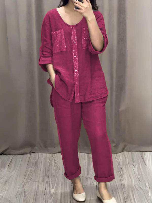 Vestido de duas peças com gola redonda em algodão e linho com lantejoulas