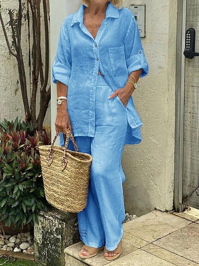 Camisa de lapela de cor sólida, top de algodão e linho e calças S-5XL