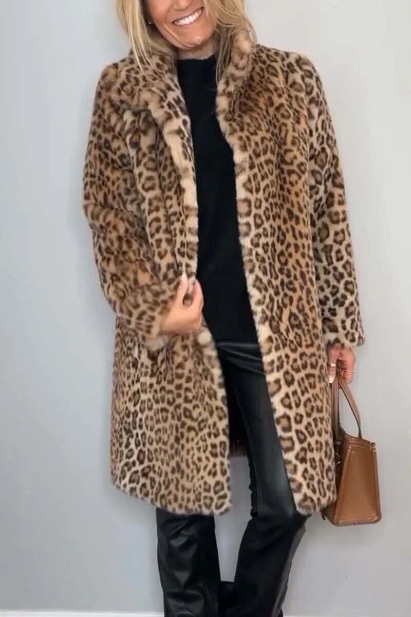 Casaco de inverno feminino elegante com lapela de leopardo e pele sintética