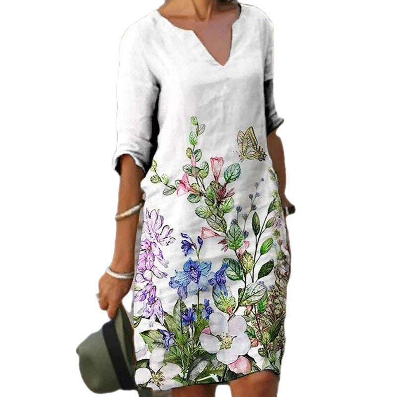 Ботанически печат Миди талия Дълъг пуловер А-рокля