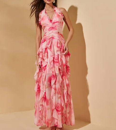 Pink Flower-dyed Halter Neck One Piece and Skirt Swimsuit Set