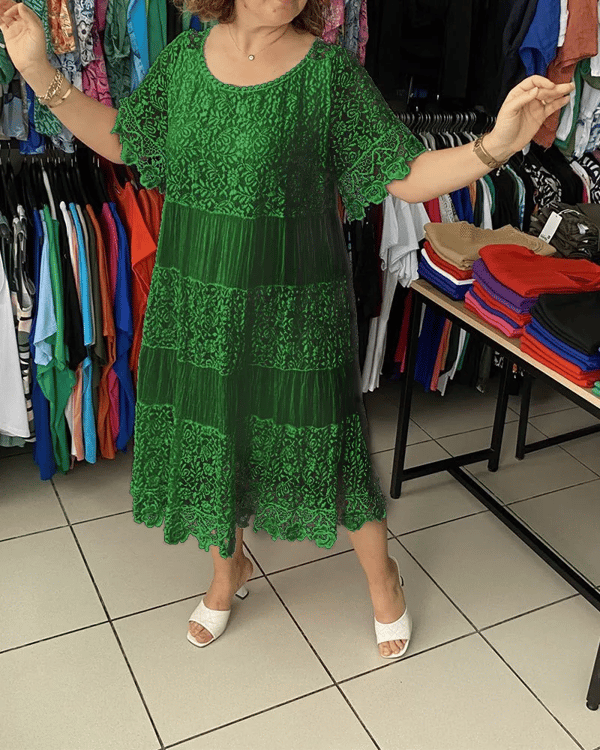 💝Едноцветна дантелена рокля с къс ръкав👗