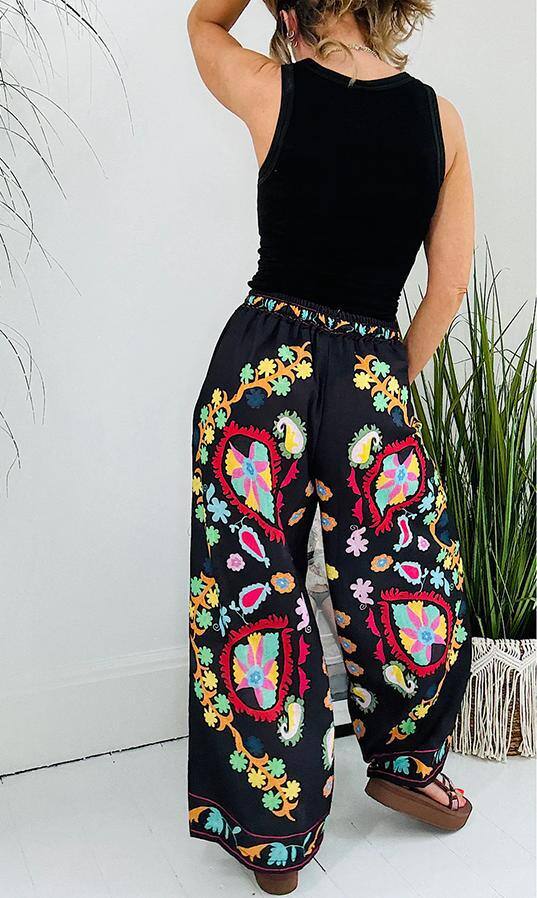 Hippie Floral Print Jeans Cintura Elástica Perna Larga