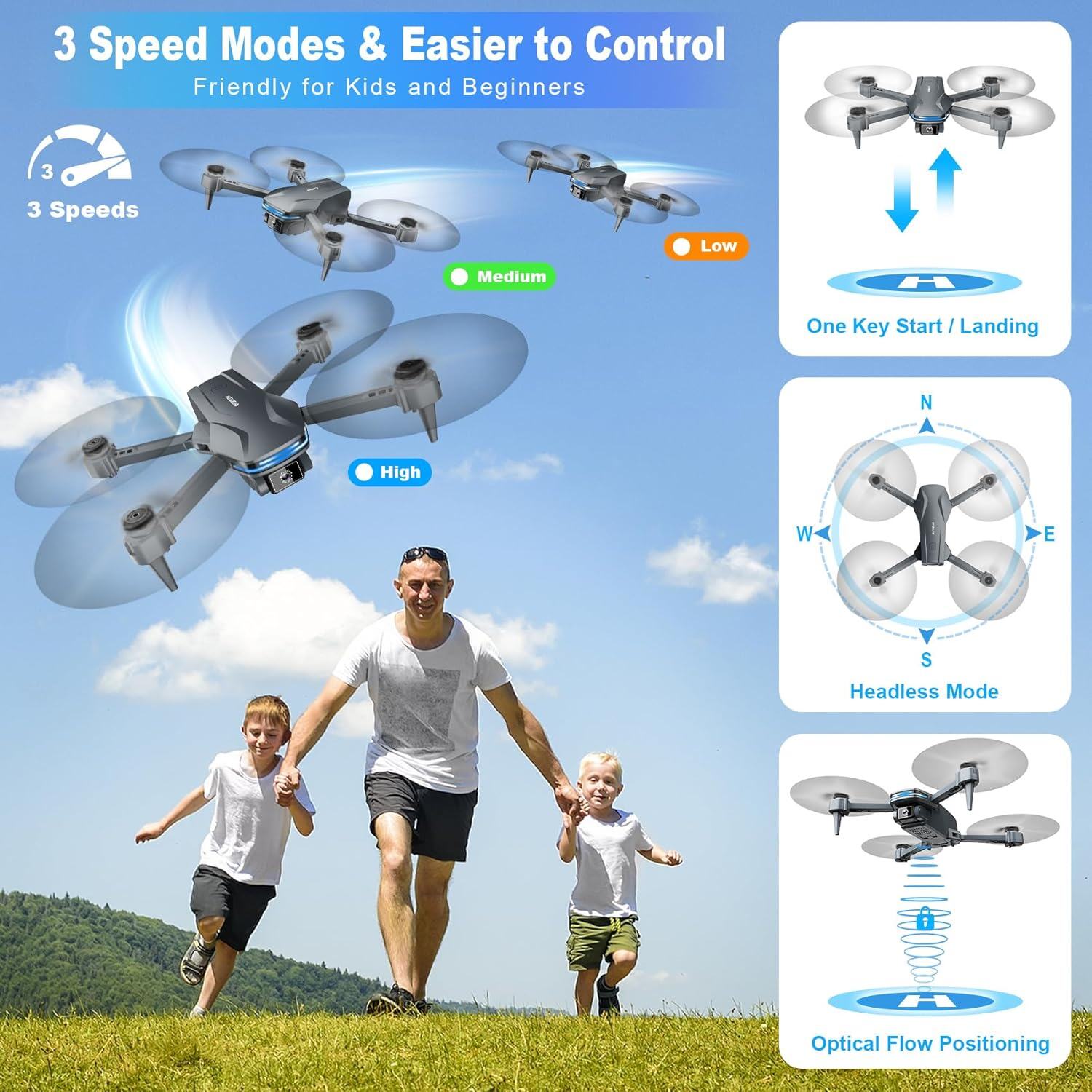 Drone com câmera 1080P HD FPV Drone dobrável para iniciantes e crianças, Quadcopter com controle de gestos de voz com estojo de transporte, decolagem/pouso com uma tecla, posicionamento de fluxo óptico, giro de 360°, voo de ponto de passagem