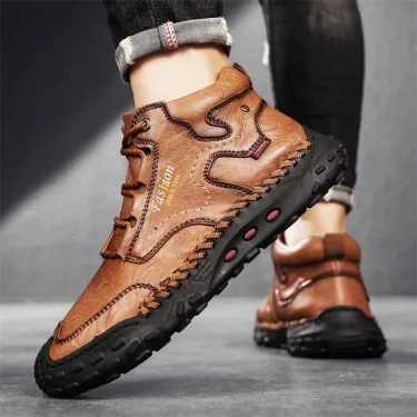Botas de caminhada masculinas costuradas à mão com cadarço para atividades ao ar livre