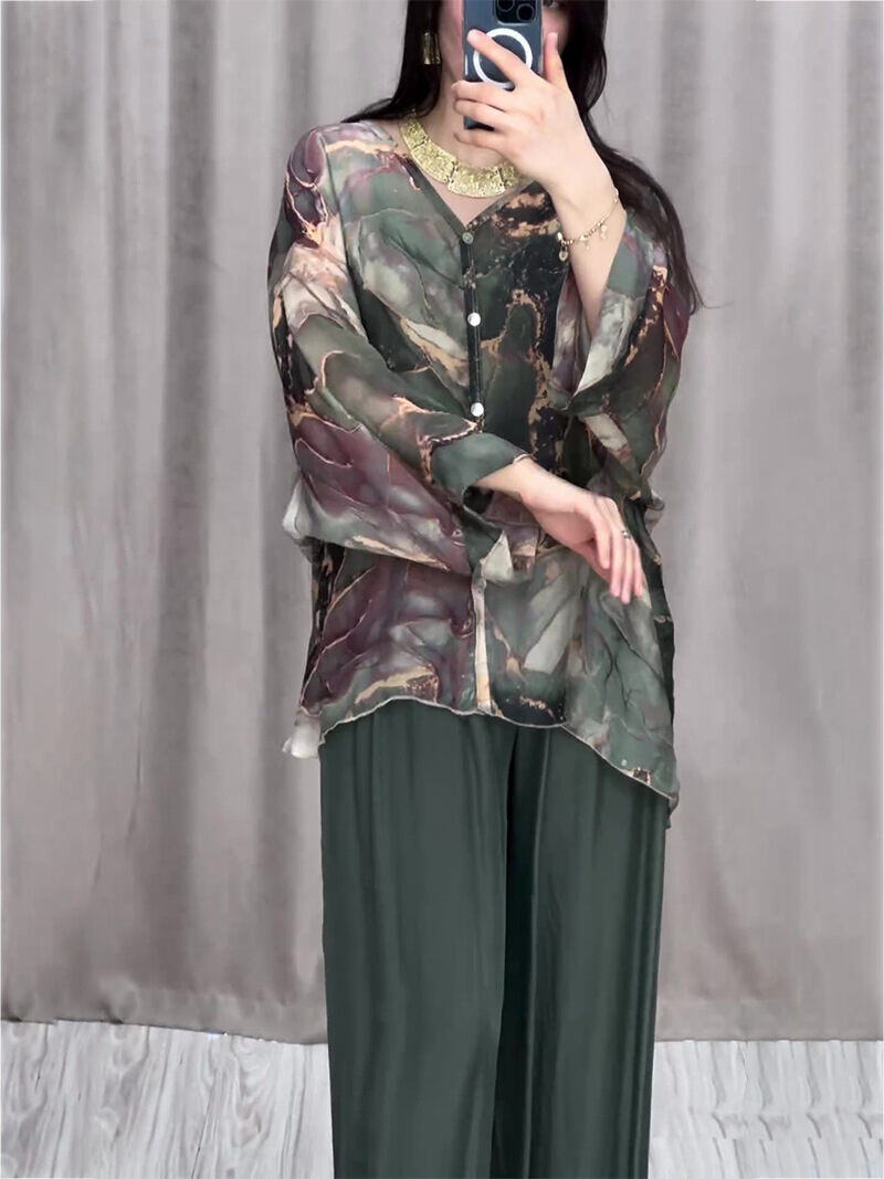 Moda primavera nova camisa impressa pintada à mão top calças de pernas largas conjunto de duas peças para mulheres