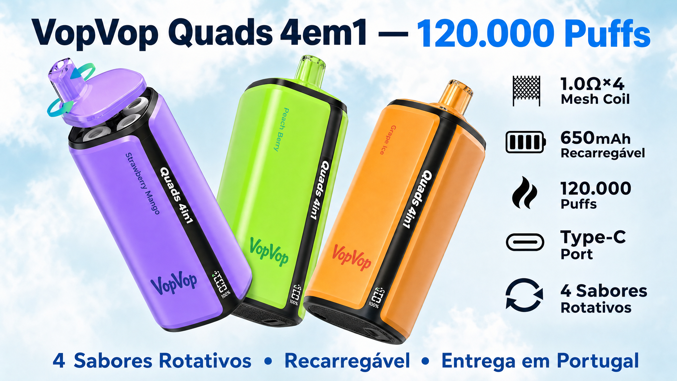 VopVop Quads 4em1 120000 puffs especificações técnicas — 4 sabores rotativos, Quad Mesh Coil 1.0Ω×4, 650mAh recarregável Type-C, 48ml e-líquido