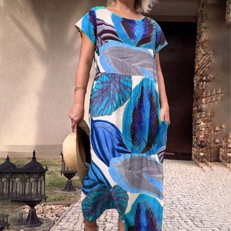Leaf Print Round Neck Side Split Dress
