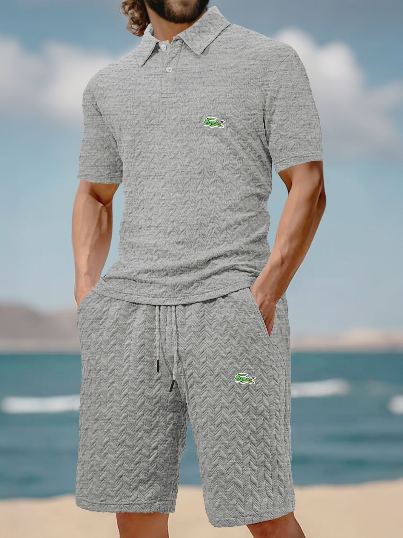 Lacoste Męski Premium Casual Business Sport Krótkie spodenki z krótkim rękawem Polo Garnitur