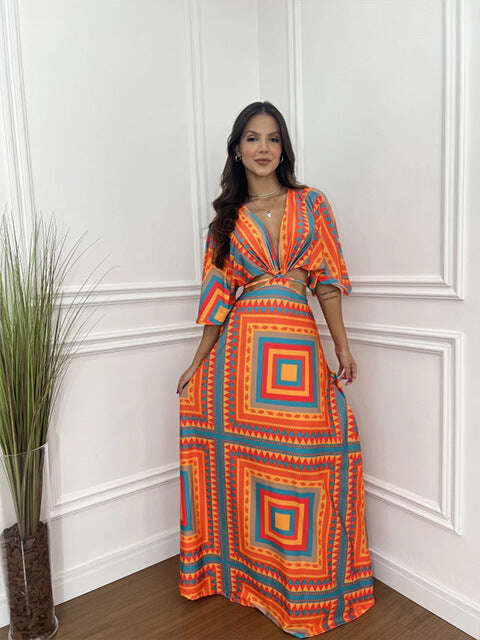 Vestido maxi estampado exclusivo com cordão e cintura e mangas de quimono