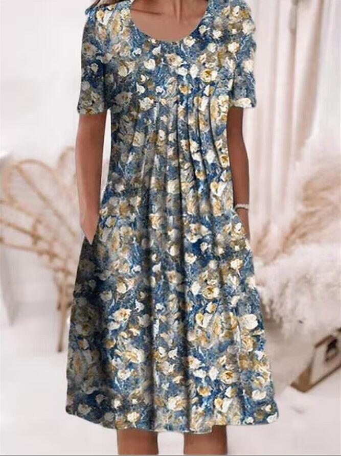 Vestido midi feminino primavera e verão com gola redonda estampado floral e bolso