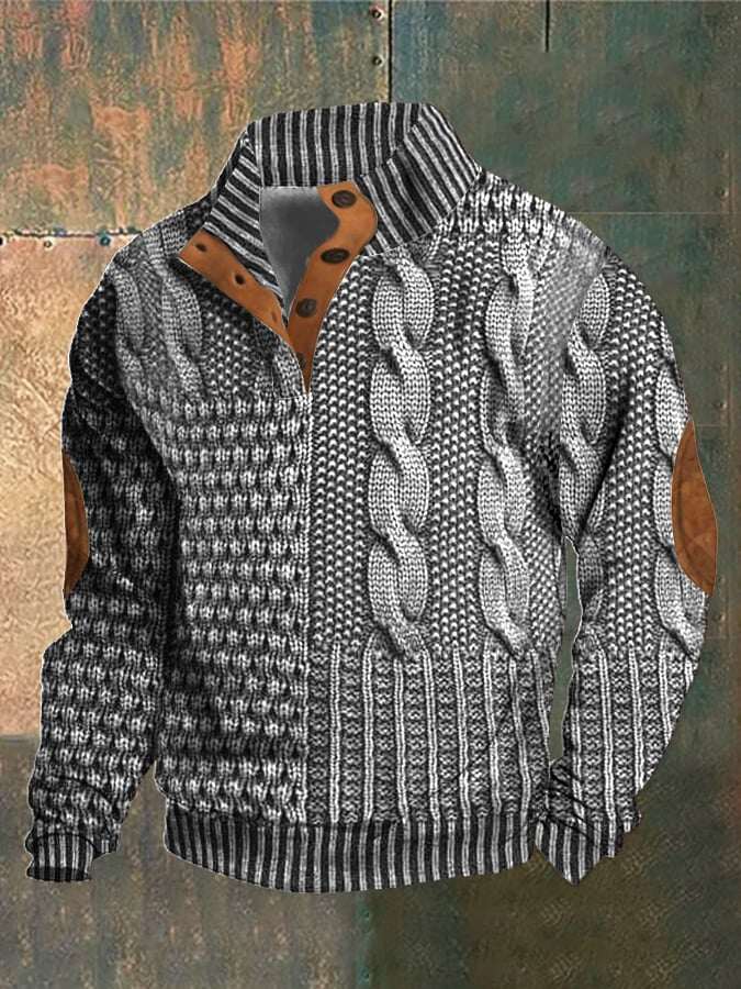 Moletom casual masculino com estampa retrô e botão de gola alta