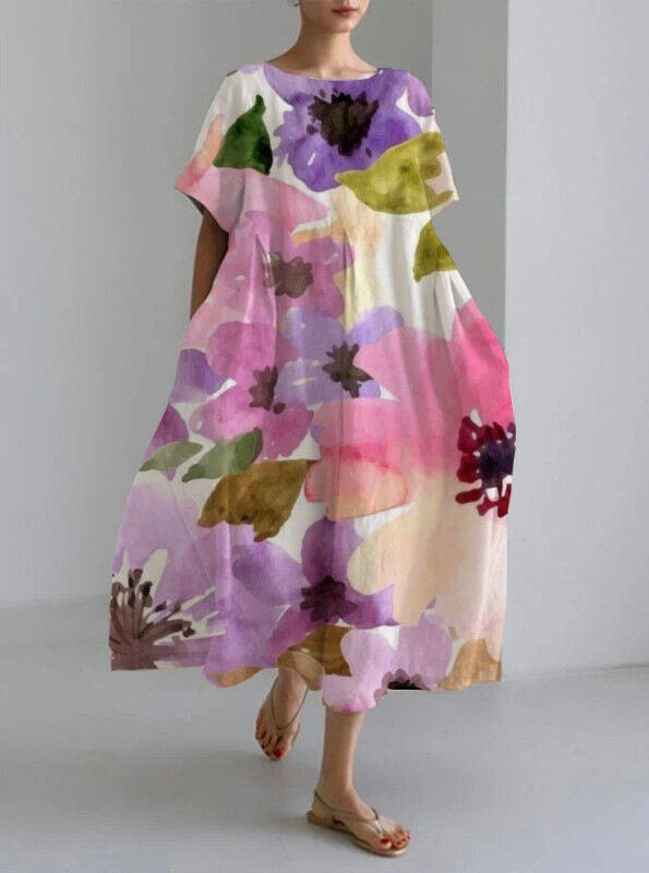 Vestido feminino de manga curta feito à mão em algodão e linho