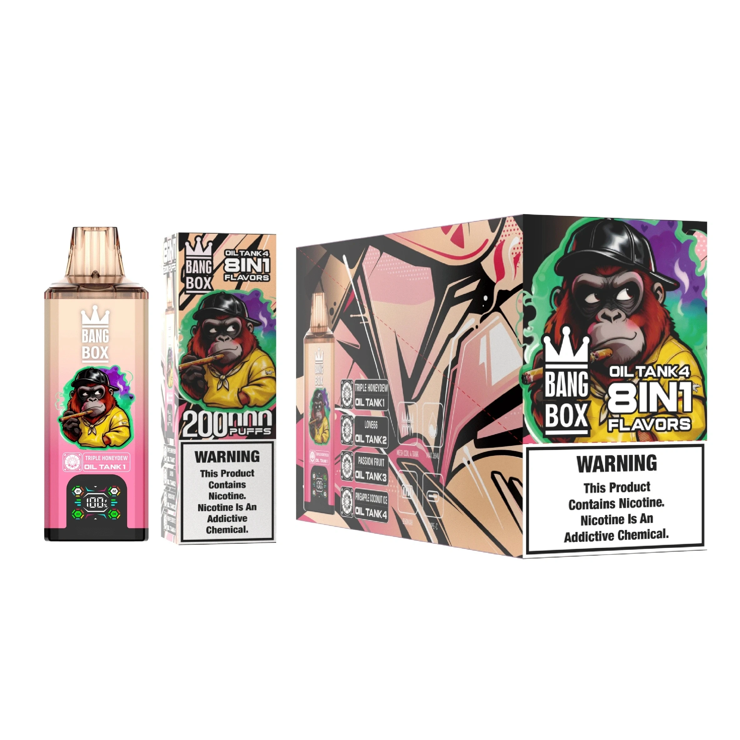 Bang Box 8 in 1 Oil Tank 4 200000 Puffs Disposable vapeMentafagylalt + Áfonyafagylalt + Málnafagylalt + Szőlőfagylalt + Nerdz cukorkák