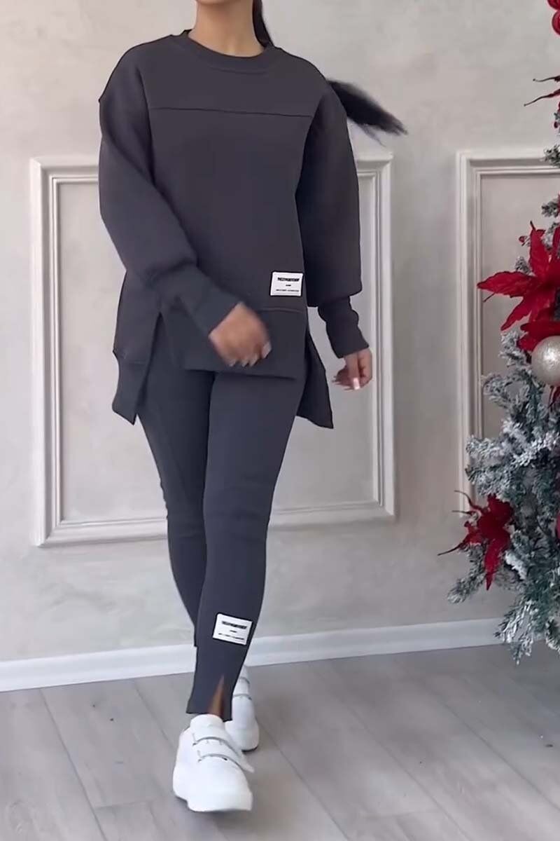 Conjunto feminino casual de cor sólida com gola redonda e manga comprida