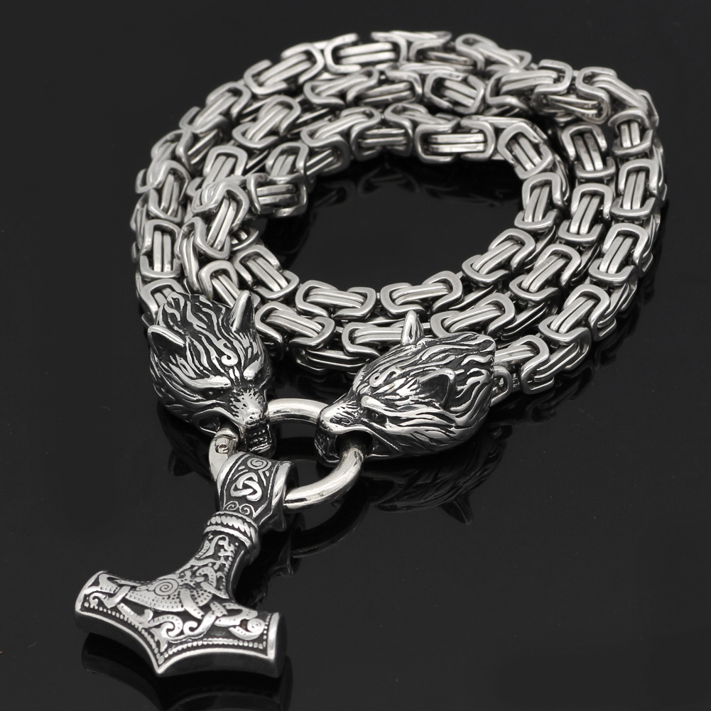 NordyckoTM |. Colar de cabeça de lobo estilo viking nórdico com martelo