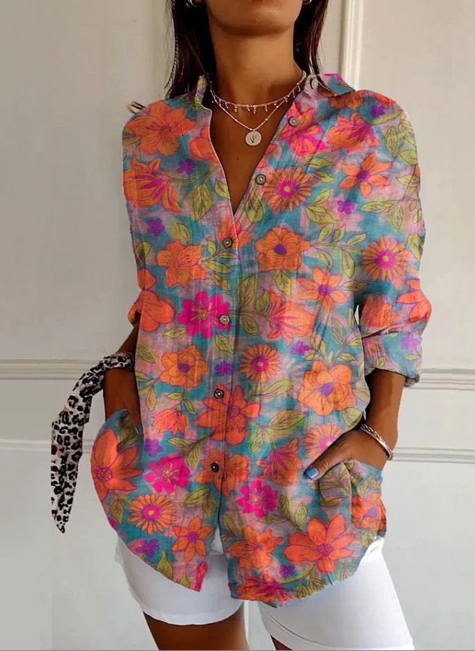 Camisa feminina vintage de algodão com estampa floral