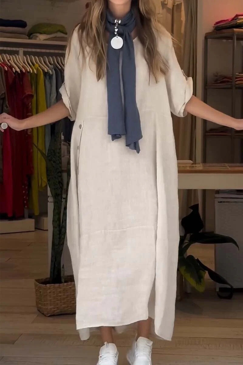 Vestido de linho de algodão casual solto de verão