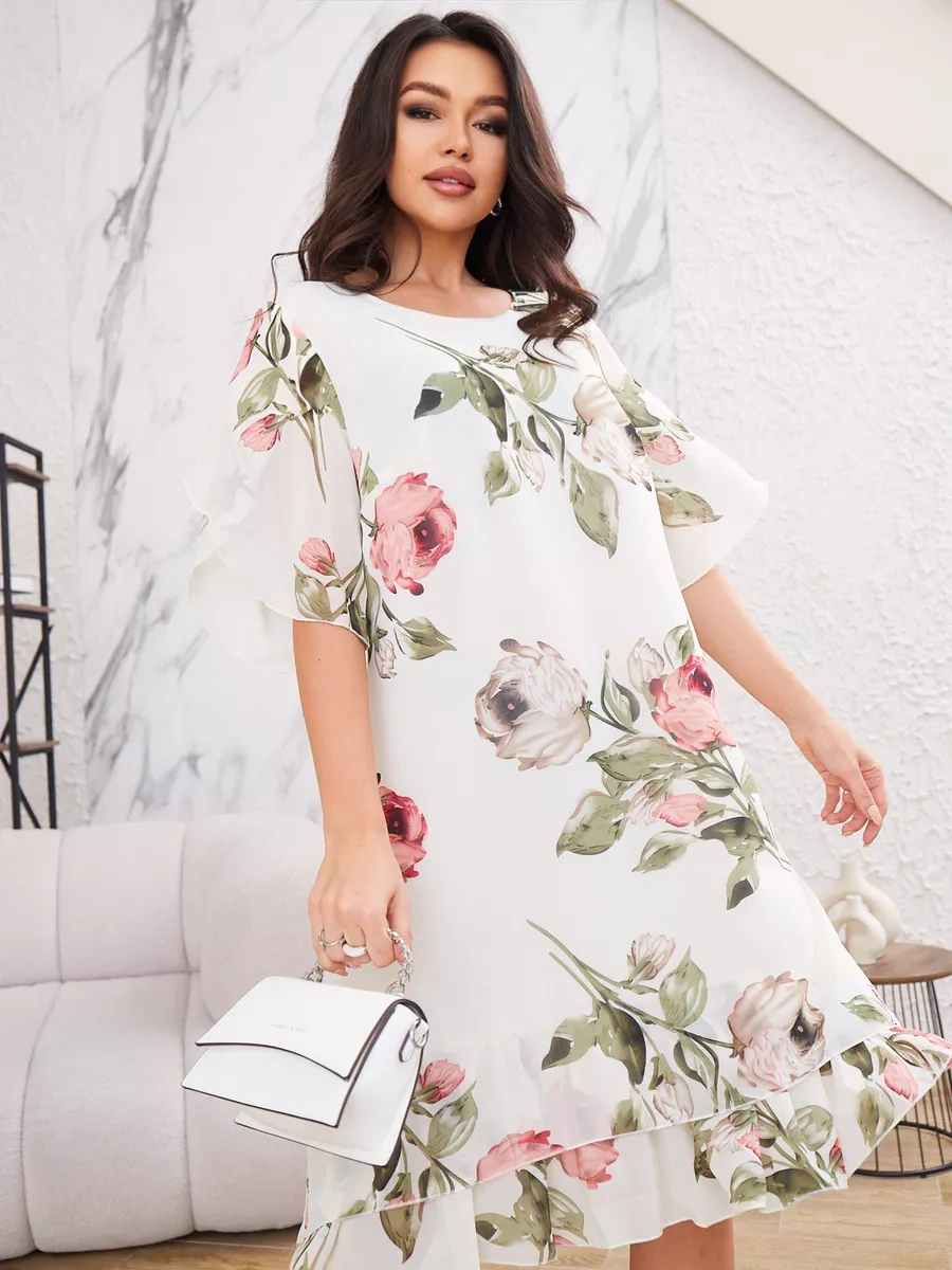 ❀Elegante vestido feminino de chiffon com manga curta e estampa