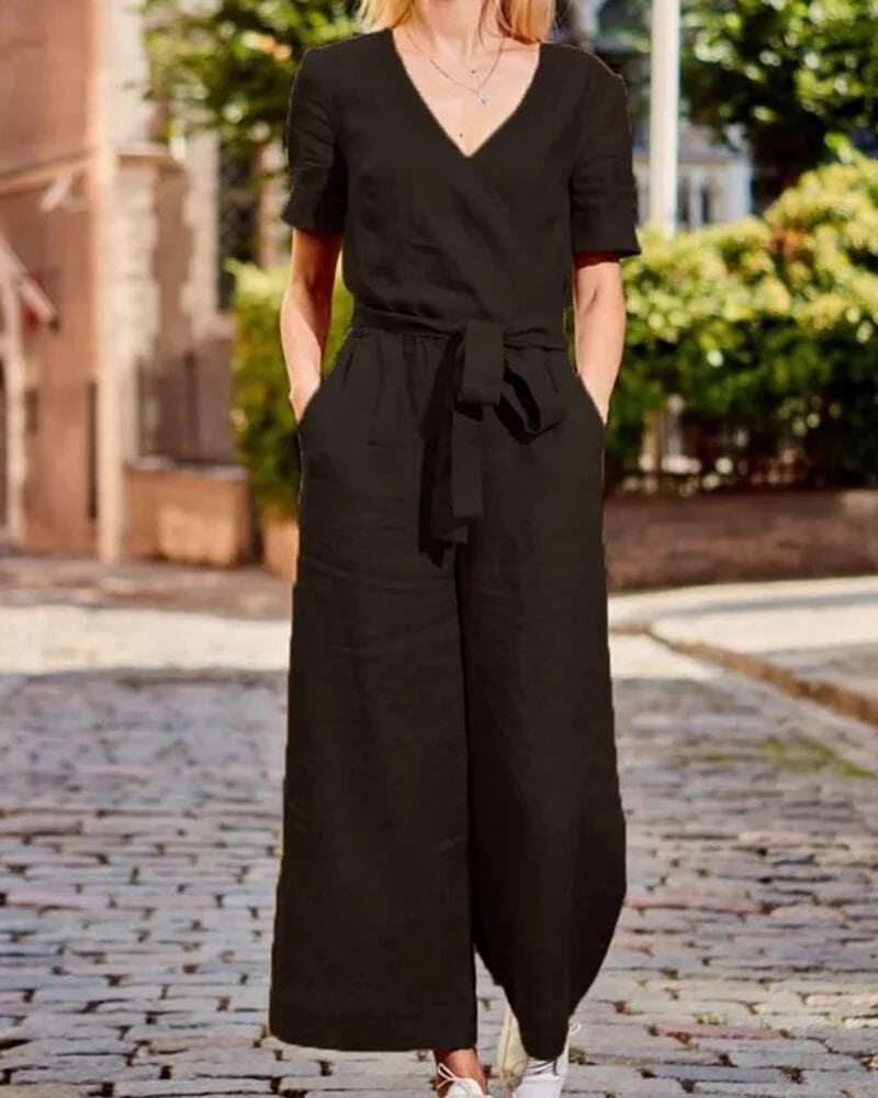 Short Sleeve Solid Color Lace-Up V Neck Soft Romper Jumpsuit