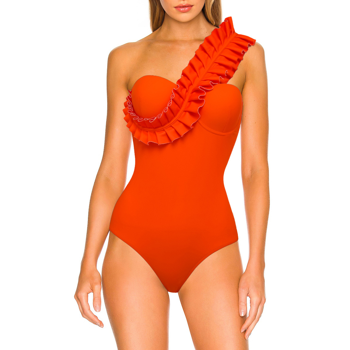 🎀One Shoulder Ruffle One Piece Orange Swimsuit and Sarong💖