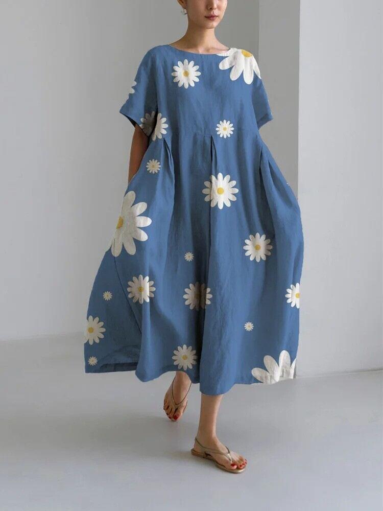 Vestido feminino de manga curta feito à mão em algodão e linho